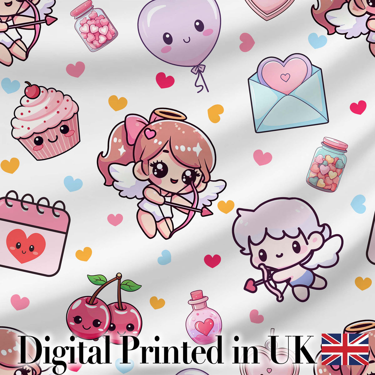 Cute Cupid Angels Hearts Sweets Balloon Love Elements Light Grey Background Digital Print Fabric by the Metre UK Sewing Quilting Textile