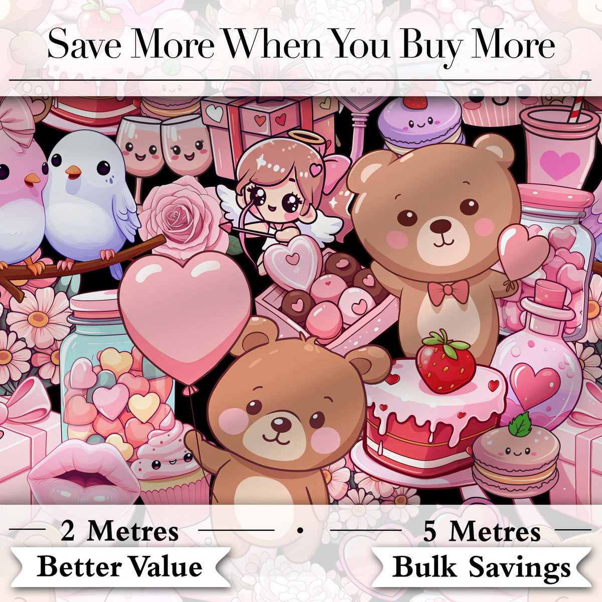 Cute Teddy Bear Cupcake Candy Hearts Romantic Collage Seamless Black Pattern Digital Print Fabric by the Metre UK Sewing Quilting Textile