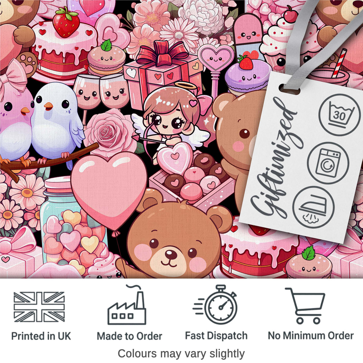 Cute Teddy Bear Cupcake Candy Hearts Romantic Collage Seamless Black Pattern Digital Print Fabric by the Metre UK Sewing Quilting Textile