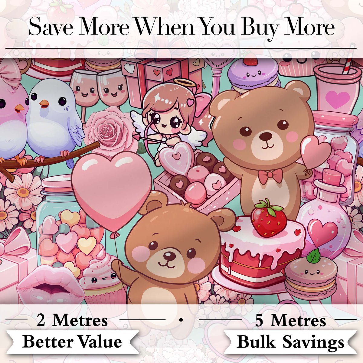 Cute Teddy Bear Cupid Cakes Hearts Flowers Valentine Kawaii Teal Background Digital Print Fabric by the Metre UK Sewing Quilting Textile