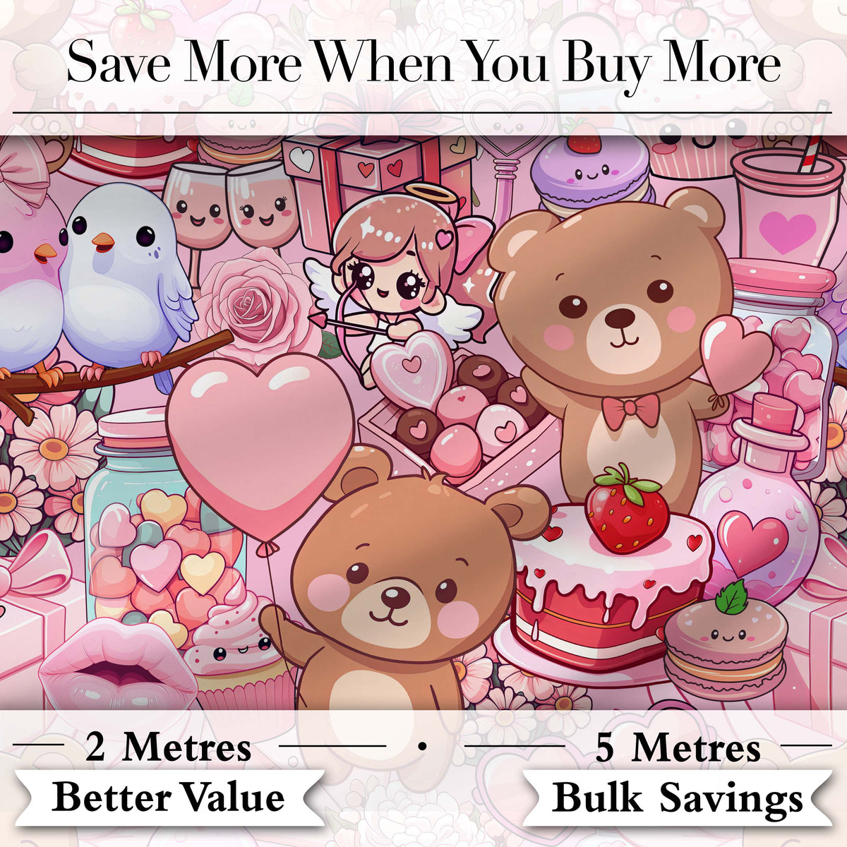 Cute Teddy Bear Cupid Cakes Hearts Flowers Valentine Kawaii Pink Background Digital Print Fabric by the Metre UK Sewing Quilting Textile
