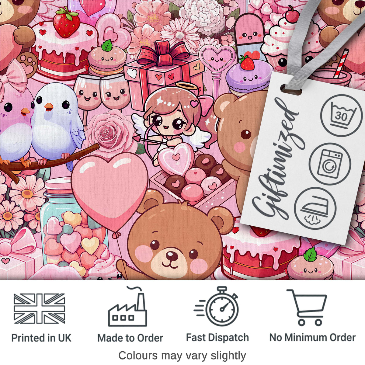 Cute Teddy Bear Cupid Cakes Hearts Flowers Valentine Kawaii Pink Background Digital Print Fabric by the Metre UK Sewing Quilting Textile
