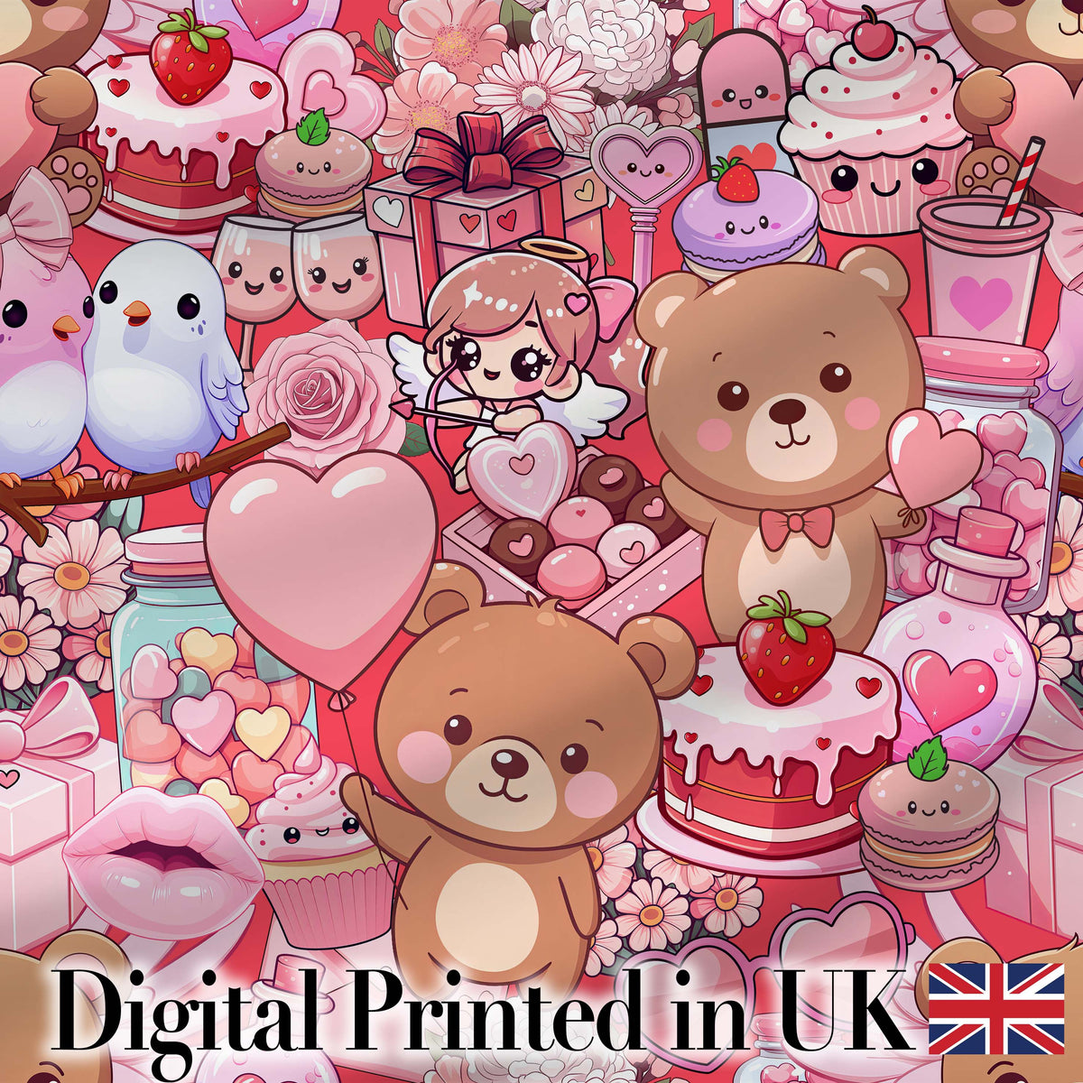 Cute Teddy Bear Cupid Cakes Hearts Flowers Valentine Kawaii Red Background Digital Print Fabric by the Metre UK Sewing Quilting Textile