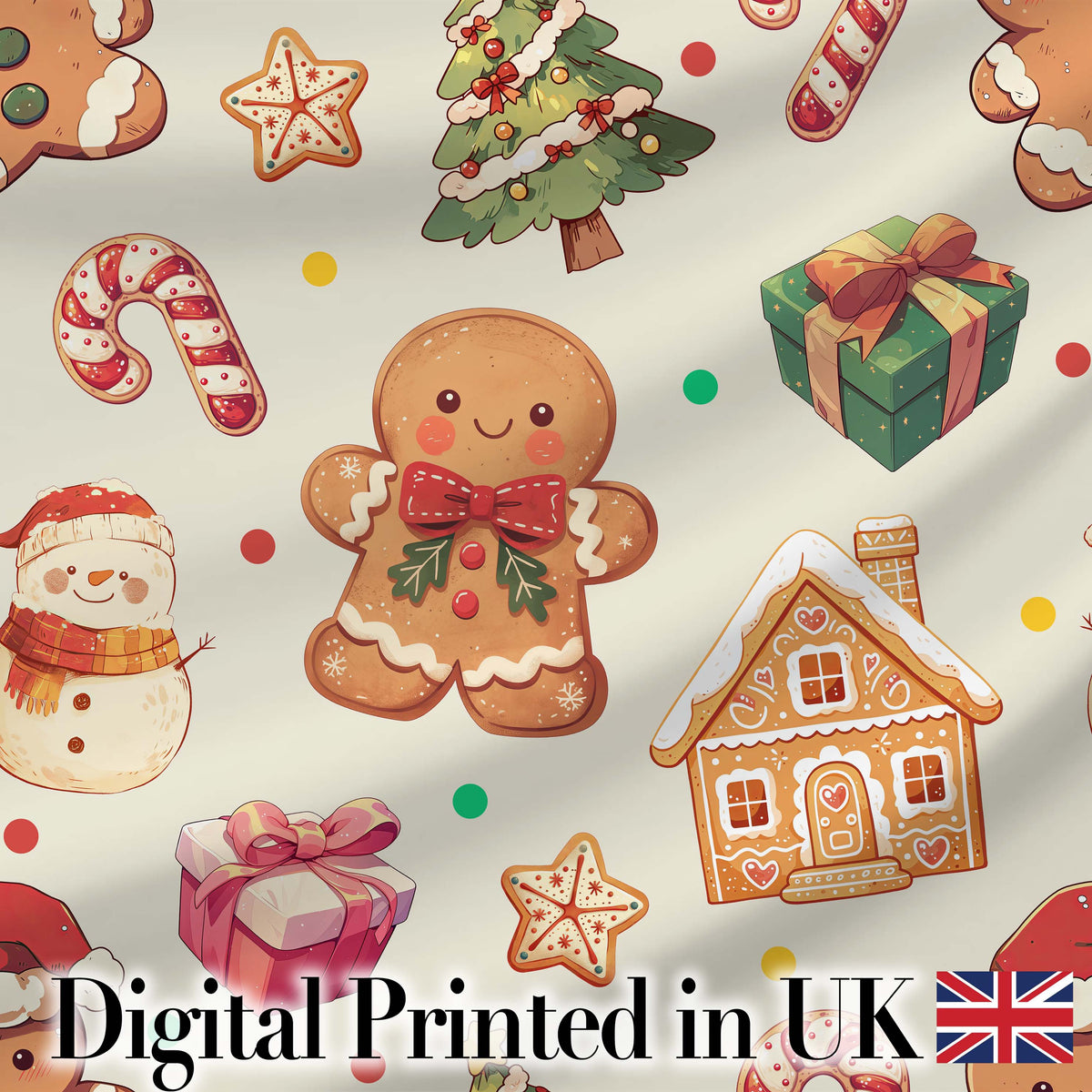 Cute Gingerbread Man Christmas Tree Candy Cane Holiday Beige Background Digital Print Fabric by the Metre UK Sewing Quilting Textile