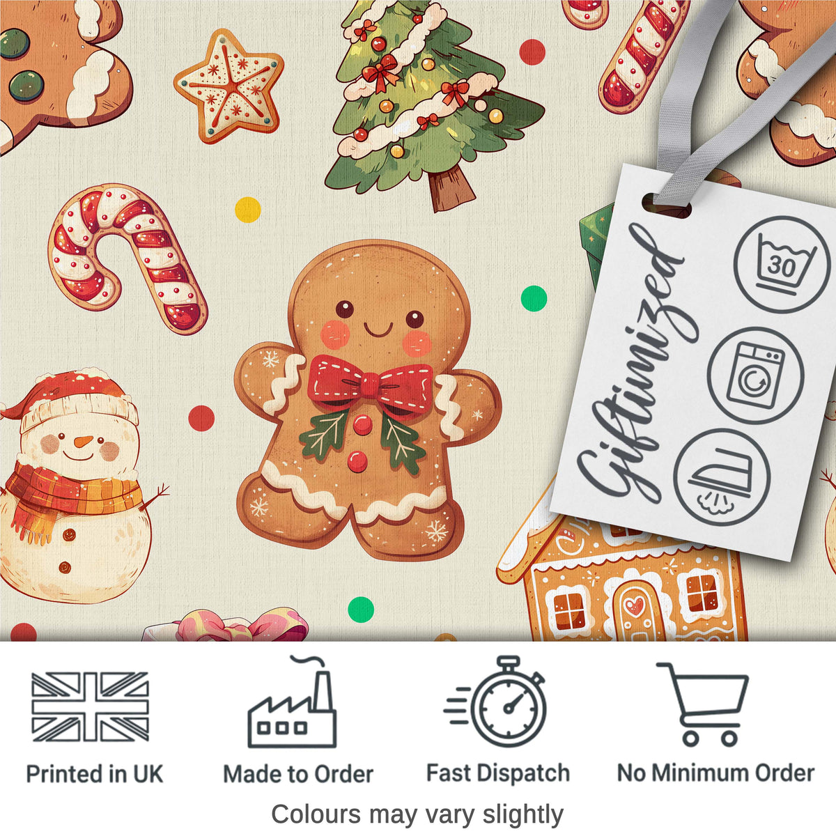 Cute Gingerbread Man Christmas Tree Candy Cane Holiday Beige Background Digital Print Fabric by the Metre UK Sewing Quilting Textile