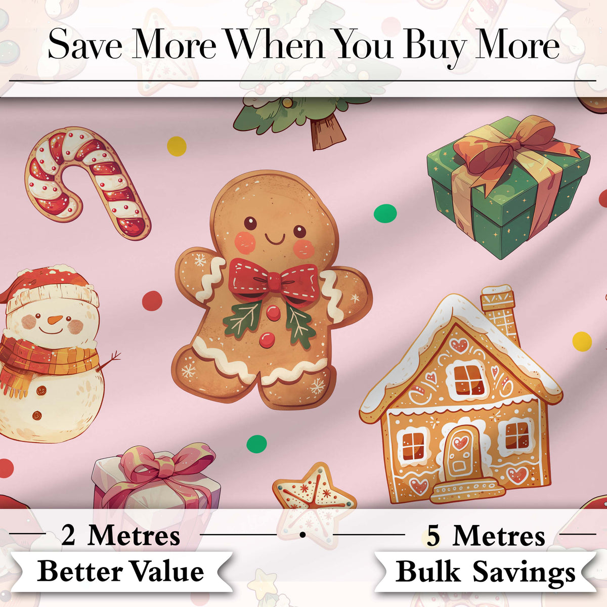 Cute Gingerbread Man Christmas Tree Candy Cane Holiday Pattern Pink Background Digital Print Fabric by the Metre UK Sewing Quilting Textile