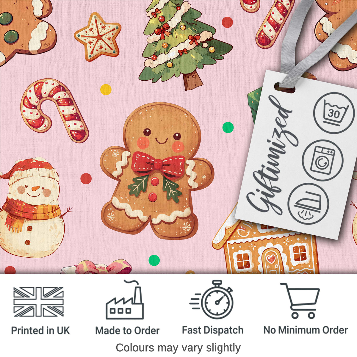 Cute Gingerbread Man Christmas Tree Candy Cane Holiday Pattern Pink Background Digital Print Fabric by the Metre UK Sewing Quilting Textile