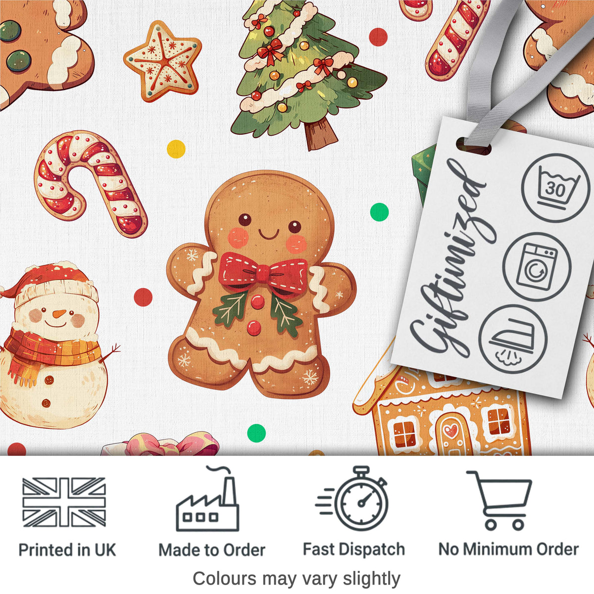 Cute Gingerbread Man Christmas Tree Candy Cane Holiday Pattern Grey Background Digital Print Fabric by the Metre UK Sewing Quilting Textile