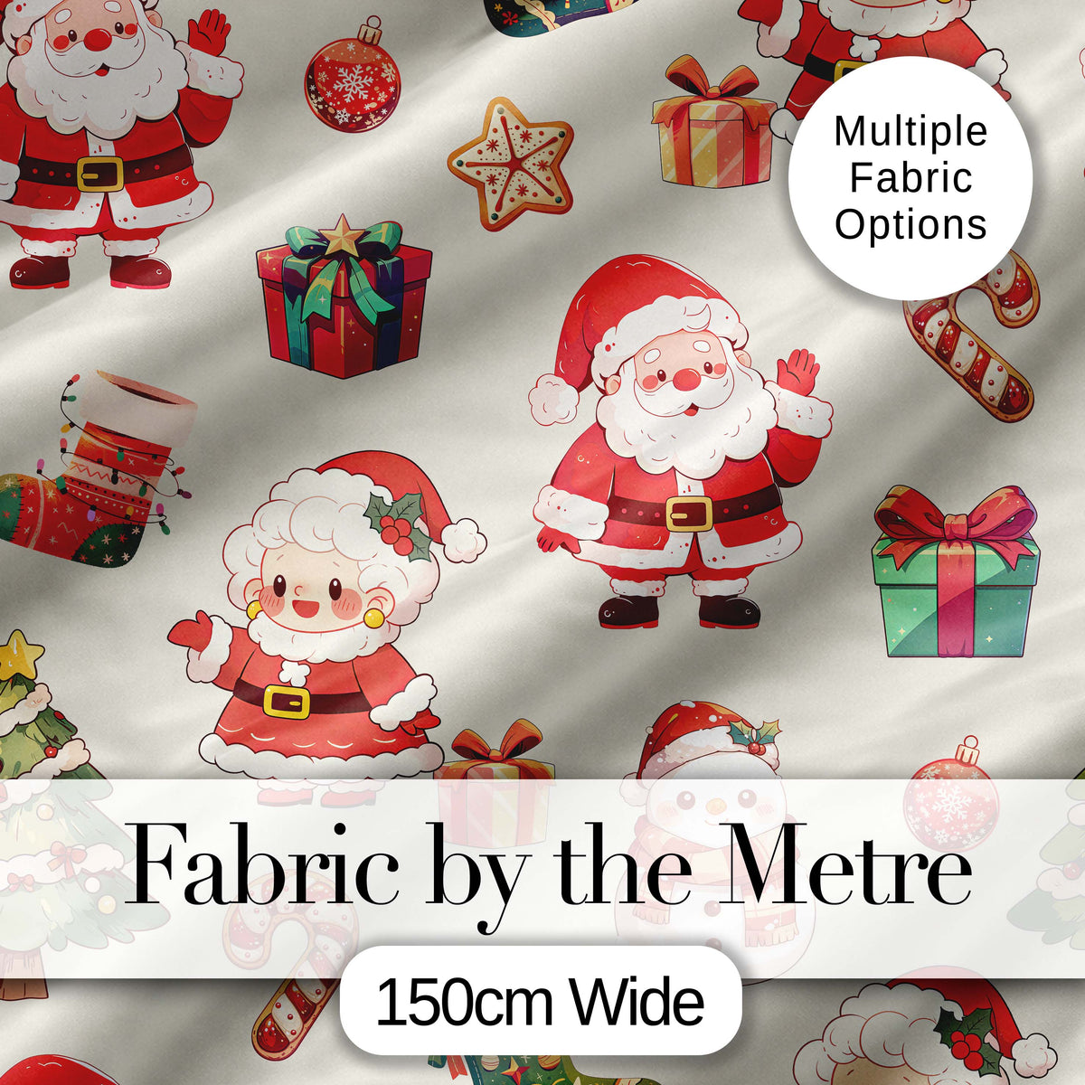 Cute Santa Claus Mrs Claus Snowman Christmas Gift Pattern Cream Background Digital Print Fabric by the Metre UK Sewing Quilting Textile