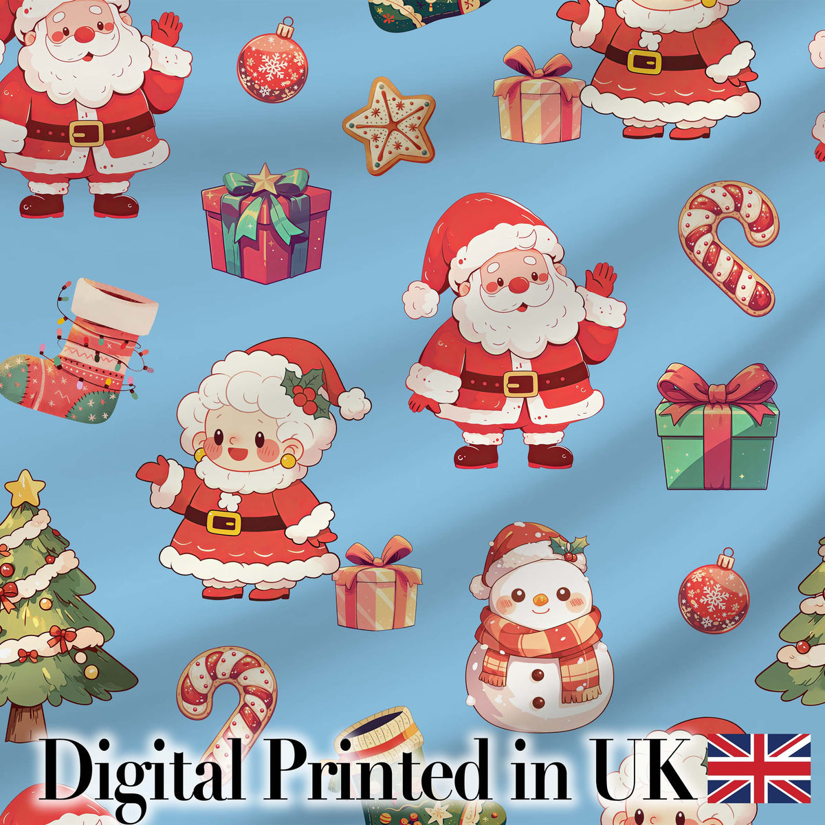 Cute Santa Claus Mrs Claus Snowman Christmas Gift Pattern Blue Background Digital Print Fabric by the Metre UK Sewing Quilting Textile