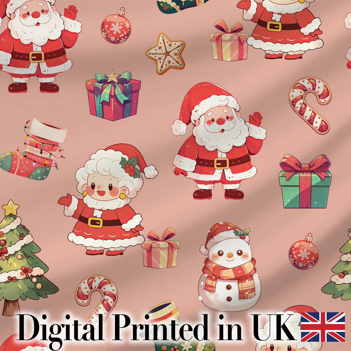 Cute Santa Claus Mrs Claus Snowman Christmas Gift Pattern Peach Background Digital Print Fabric by the Metre UK Sewing Quilting Textile