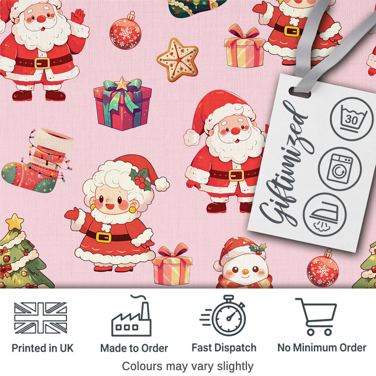 Cute Santa Claus Mrs Claus Snowman Christmas Gift Pattern Pink Background Digital Print Fabric by the Metre UK Sewing Quilting Textile