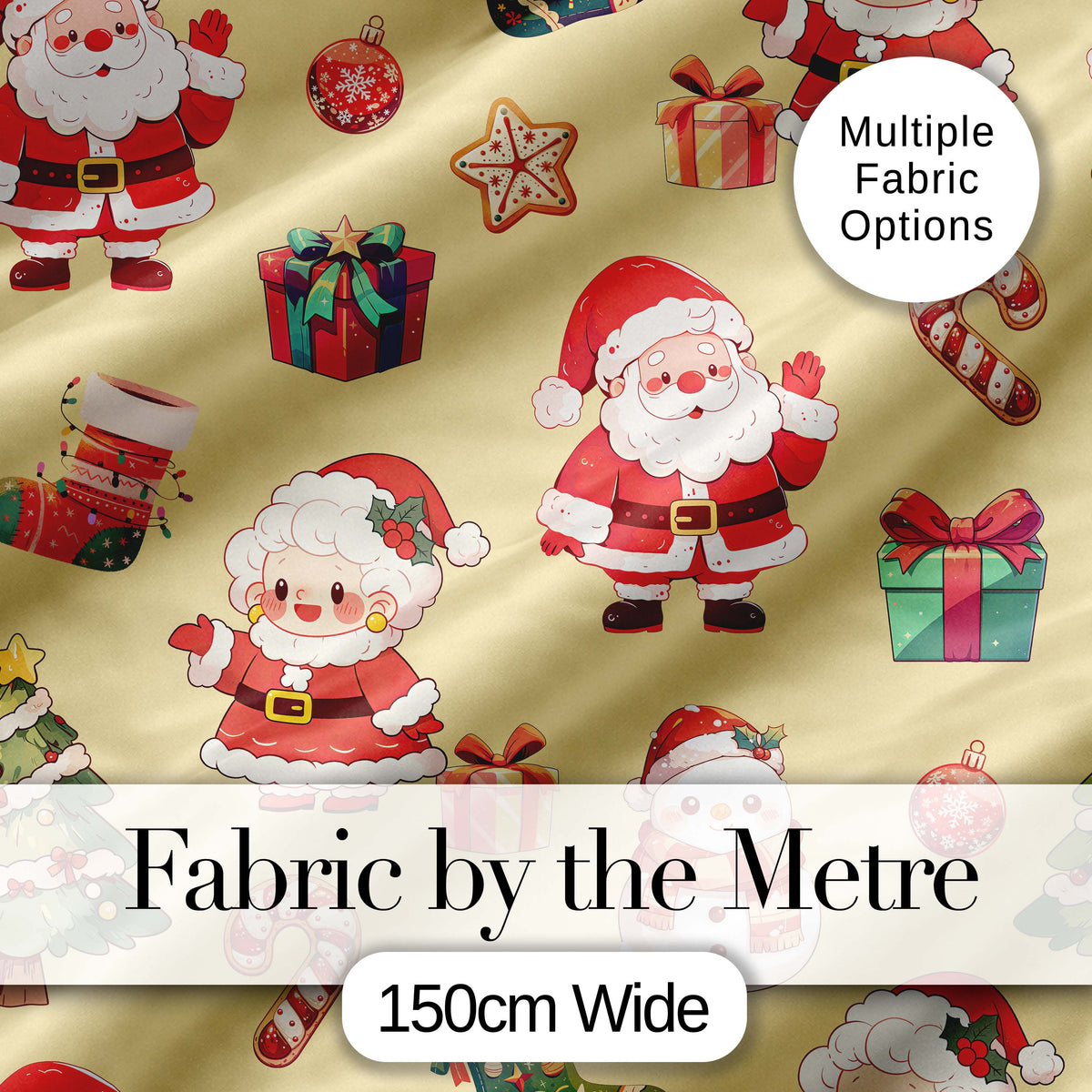 Cute Santa Claus Mrs Claus Snowman Christmas Gift Candy Cane Yellow Background Digital Print Fabric by the Metre UK Sewing Quilting Textile
