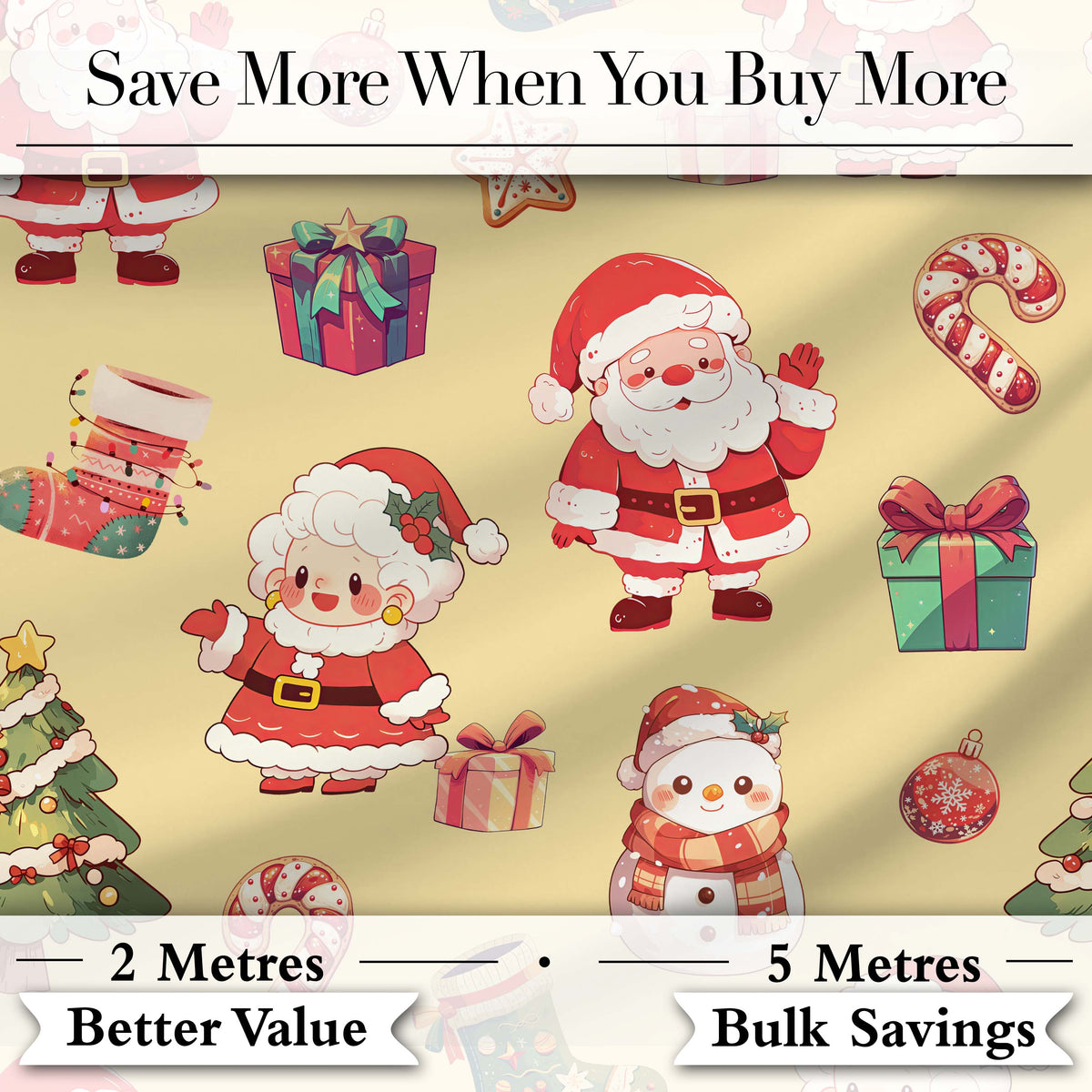 Cute Santa Claus Mrs Claus Snowman Christmas Gift Candy Cane Yellow Background Digital Print Fabric by the Metre UK Sewing Quilting Textile