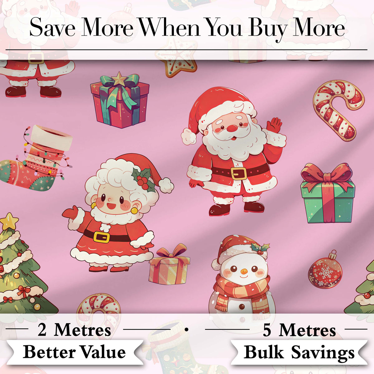 Cute Santa Claus Mrs Claus Snowman Christmas Gift Candy Cane Pink Background Digital Print Fabric by the Metre UK Sewing Quilting Textile