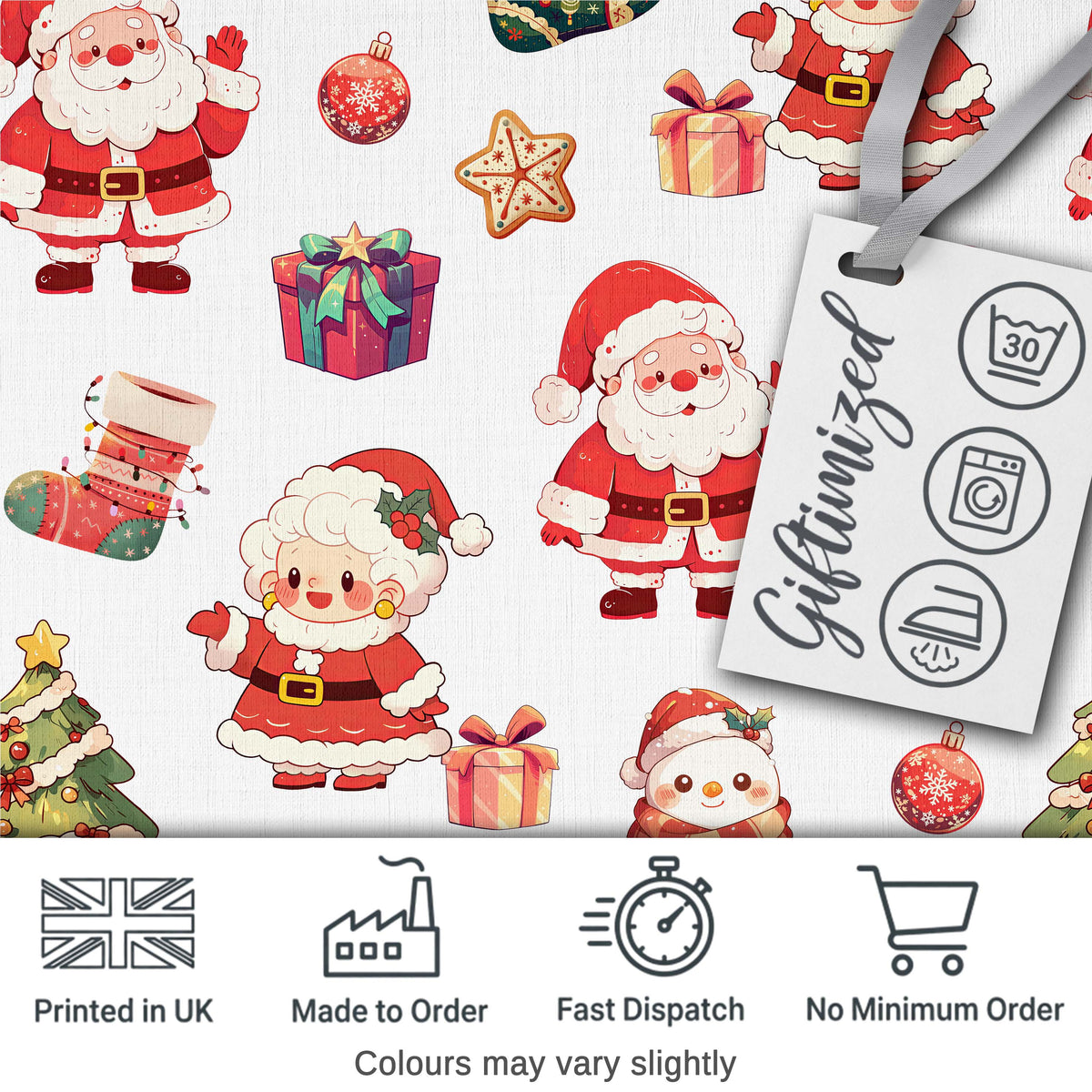 Cute Santa Claus Mrs Claus Snowman Christmas Gift Candy Cane White Background Digital Print Fabric by the Metre UK Sewing Quilting Textile