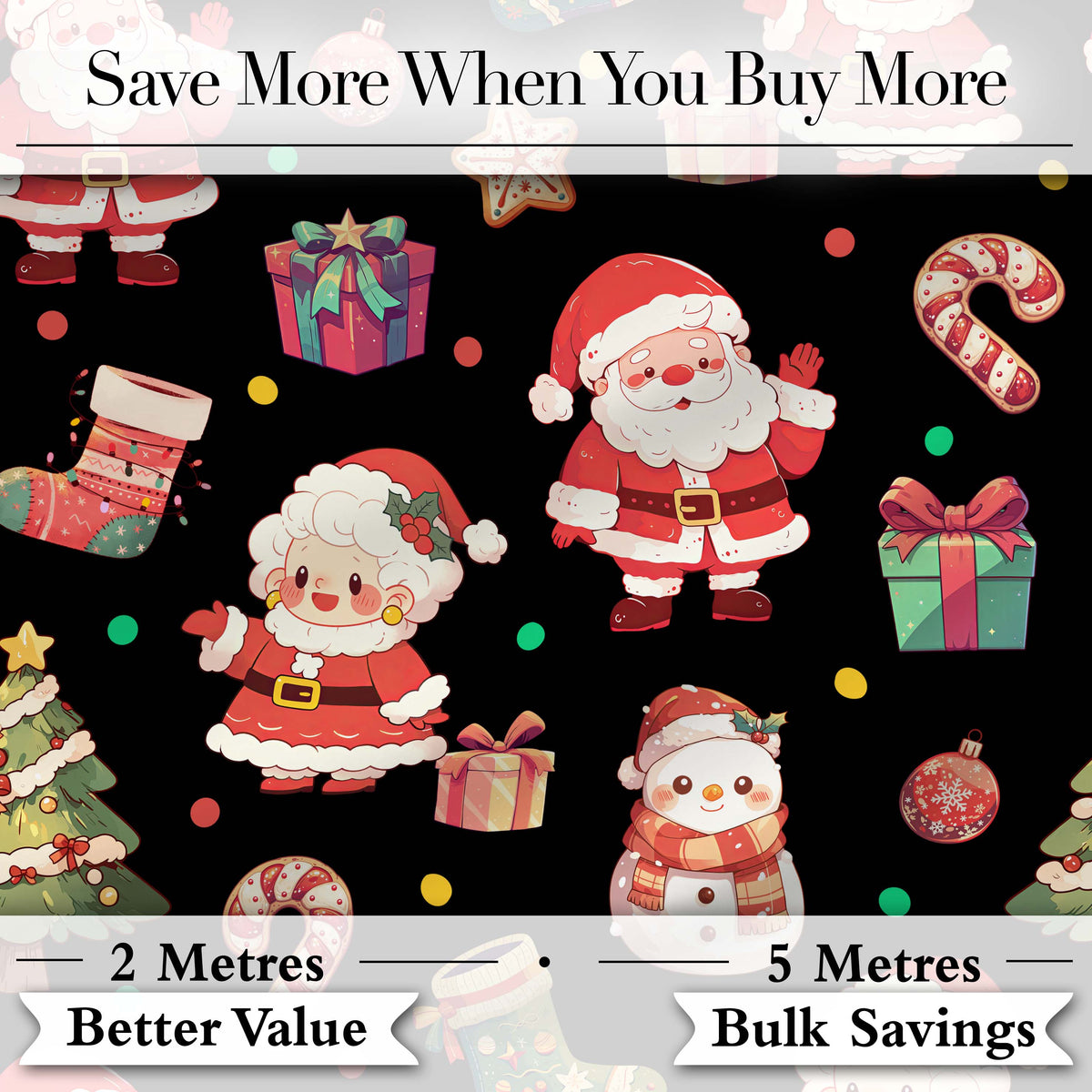 Cute Santa Claus Mrs Claus Snowman Christmas Gift Candy Cane Black Background Digital Print Fabric by the Metre UK Sewing Quilting Textile