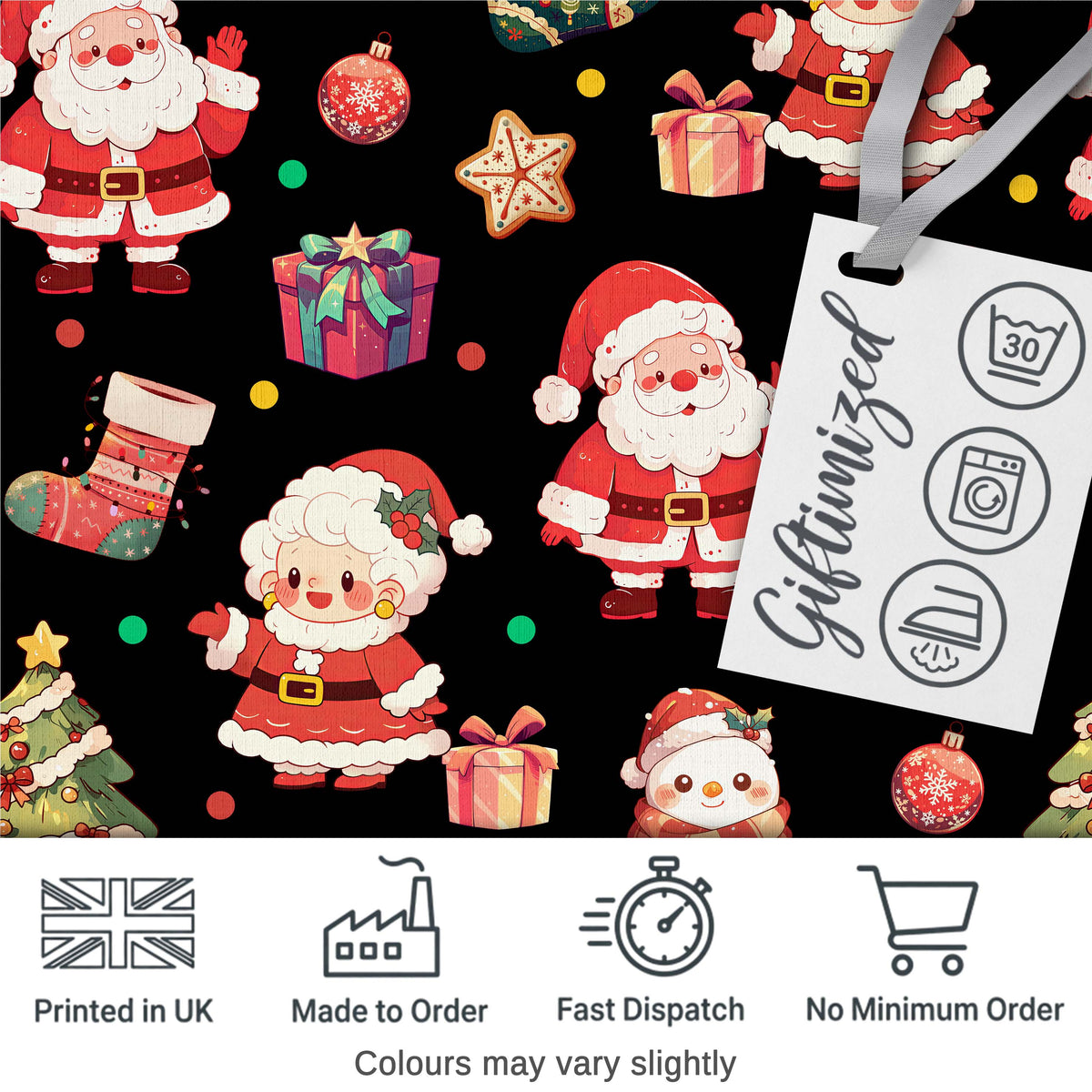 Cute Santa Claus Mrs Claus Snowman Christmas Gift Candy Cane Black Background Digital Print Fabric by the Metre UK Sewing Quilting Textile