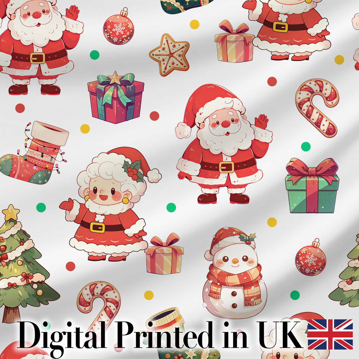 Cute Santa Claus Mrs Claus Snowman Christmas Gift Candy Cane Seamless Pattern Digital Print Fabric by the Metre UK Sewing Quilting Textile