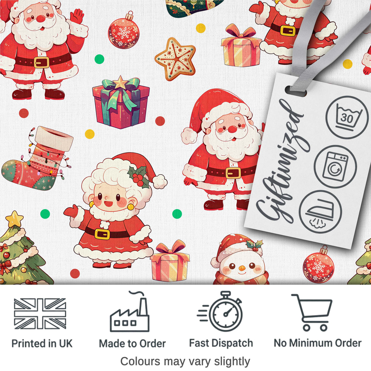 Cute Santa Claus Mrs Claus Snowman Christmas Gift Candy Cane Seamless Pattern Digital Print Fabric by the Metre UK Sewing Quilting Textile
