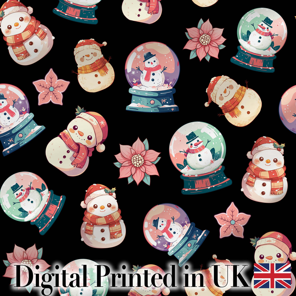 Cute Snowman Snow Globe Poinsettia Flower Christmas Pattern Black Background Digital Print Fabric by the Metre UK Sewing Quilting Textile