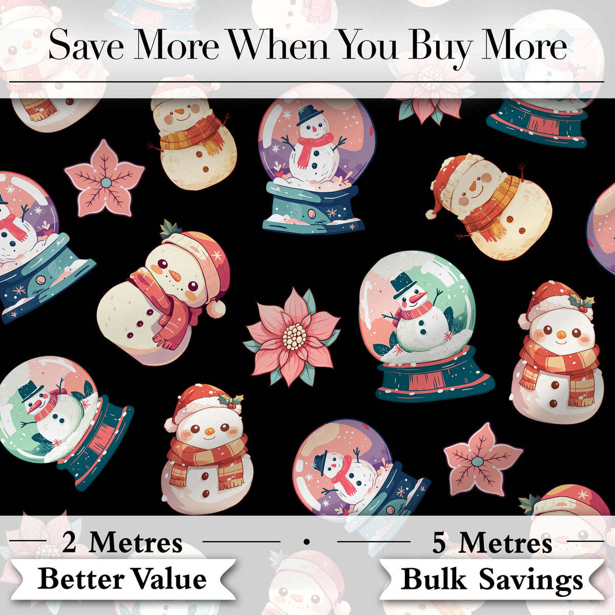 Cute Snowman Snow Globe Poinsettia Flower Christmas Pattern Black Background Digital Print Fabric by the Metre UK Sewing Quilting Textile