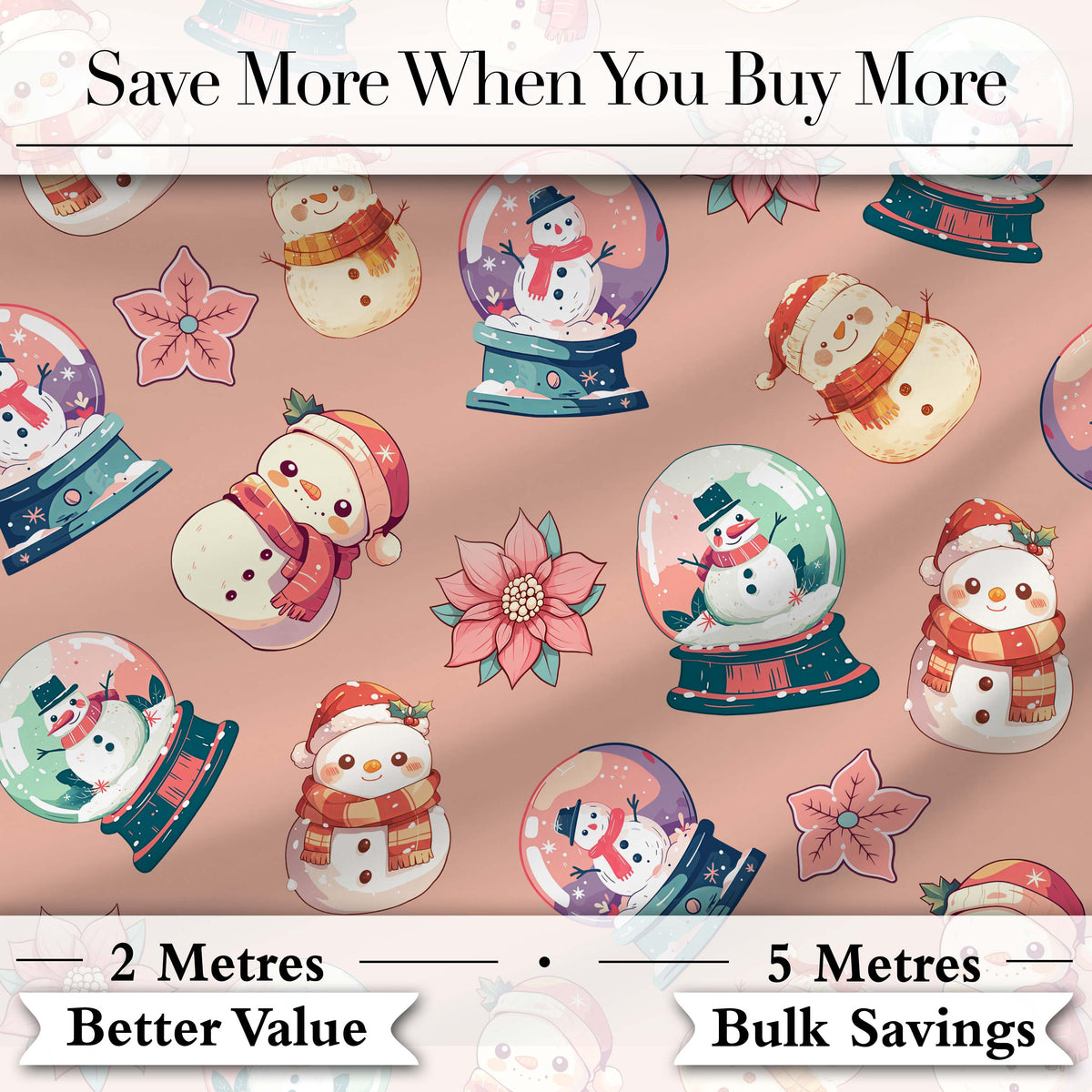 Cute Snowman Snow Globe Poinsettia Flower Christmas Pattern Peach Background Digital Print Fabric by the Metre UK Sewing Quilting Textile
