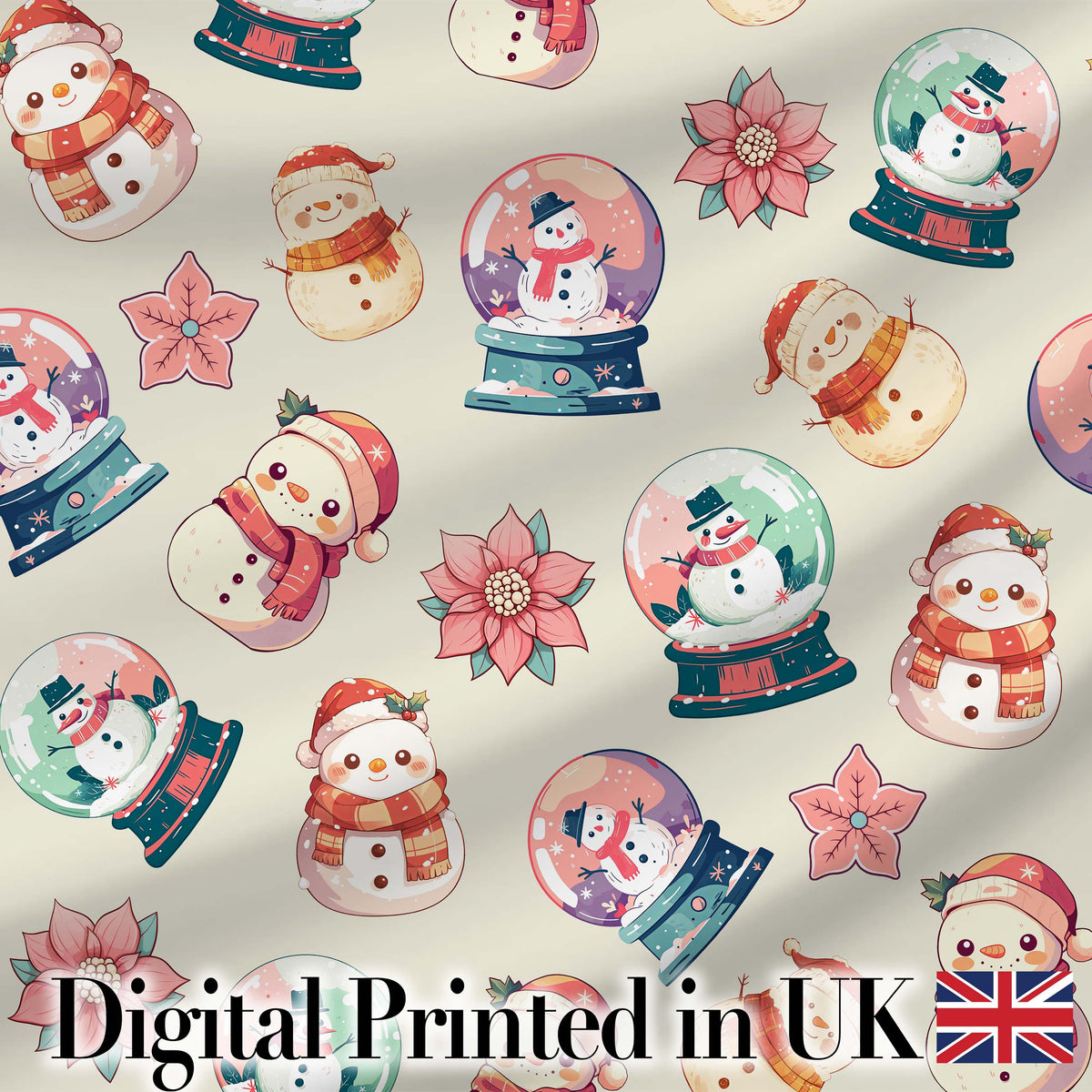 Cute Snowman Snow Globe Poinsettia Flower Christmas Pattern Cream Background Digital Print Fabric by the Metre UK Sewing Quilting Textile