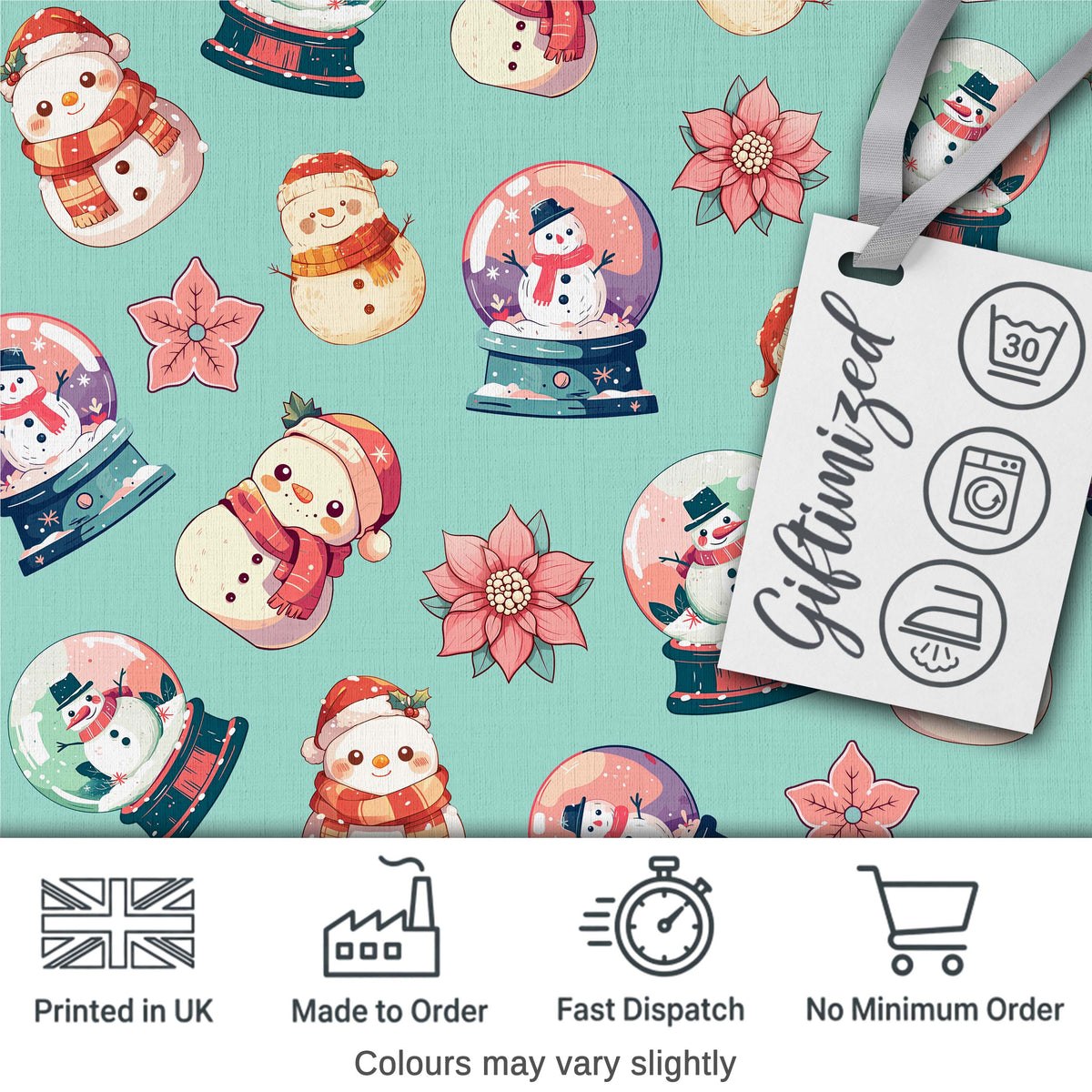 Cute Snowman Snow Globe Poinsettia Flower Christmas Pattern Teal Background Digital Print Fabric by the Metre UK Sewing Quilting Textile