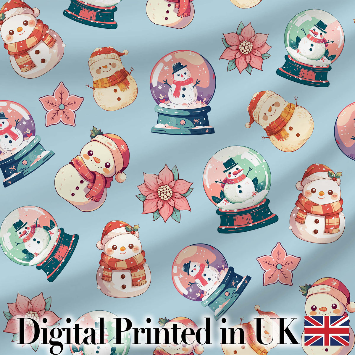 Cute Snowman Snow Globe Poinsettia Flower Christmas Pattern Blue Background Digital Print Fabric by the Metre UK Sewing Quilting Textile