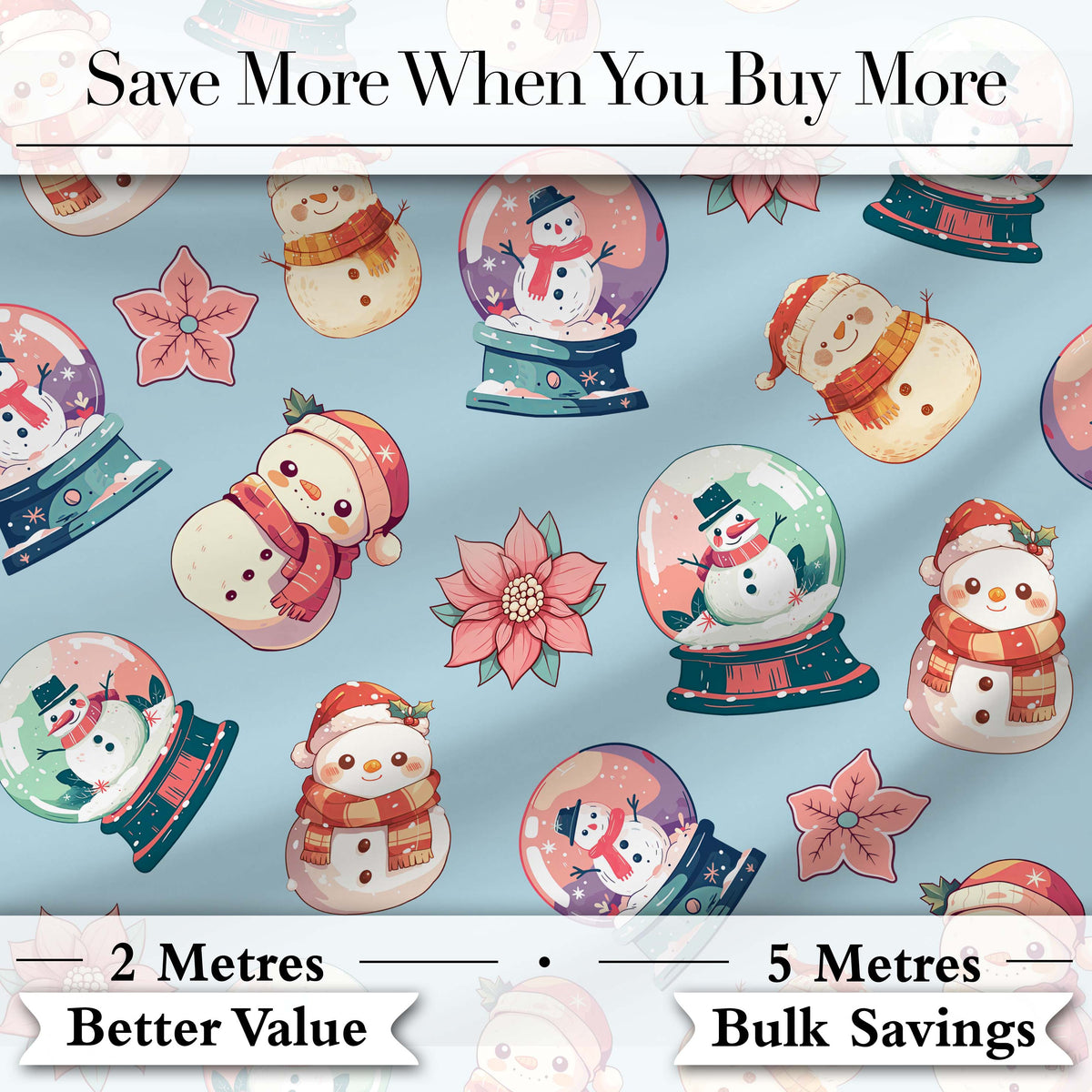 Cute Snowman Snow Globe Poinsettia Flower Christmas Pattern Blue Background Digital Print Fabric by the Metre UK Sewing Quilting Textile