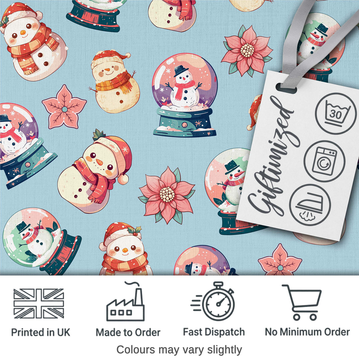 Cute Snowman Snow Globe Poinsettia Flower Christmas Pattern Blue Background Digital Print Fabric by the Metre UK Sewing Quilting Textile