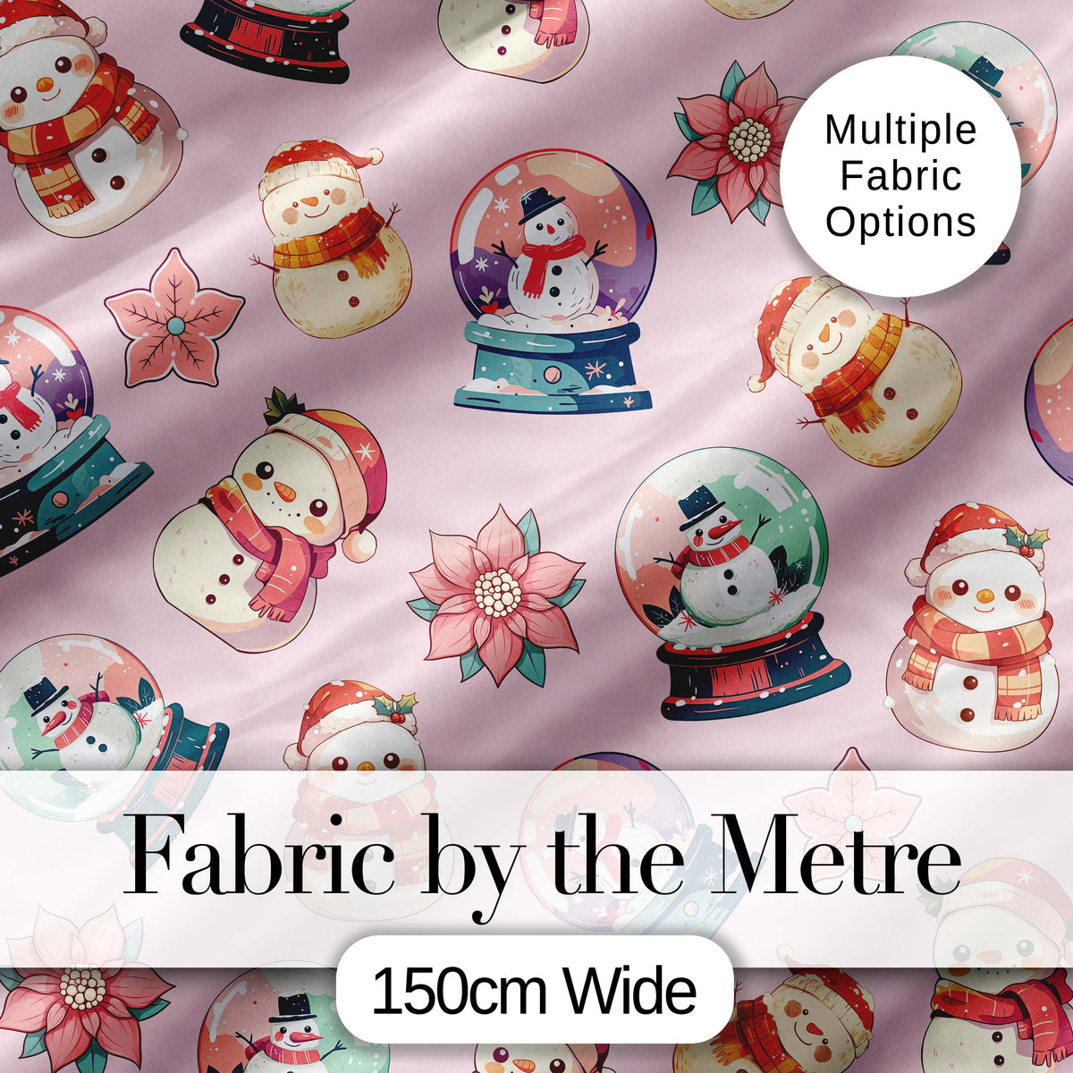 Cute Snowman Snow Globe Poinsettia Flower Christmas Light Pink Background Digital Print Fabric by the Metre UK Sewing Quilting Textile