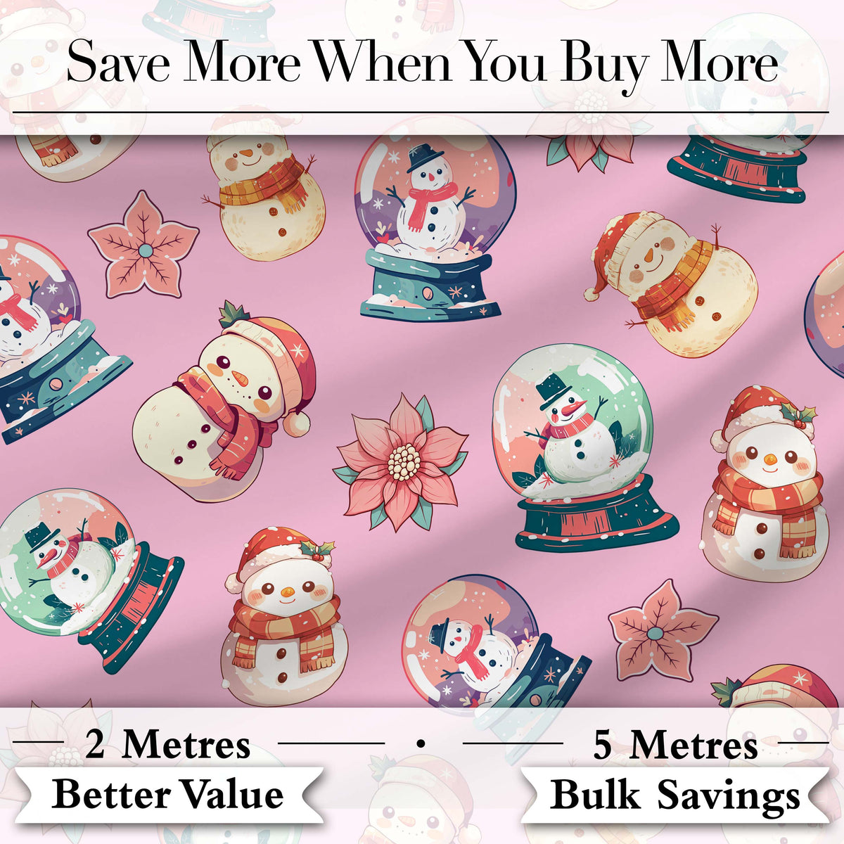 Cute Snowman Snow Globe Poinsettia Flower Christmas Dusty Pink Background Digital Print Fabric by the Metre UK Sewing Quilting Textile