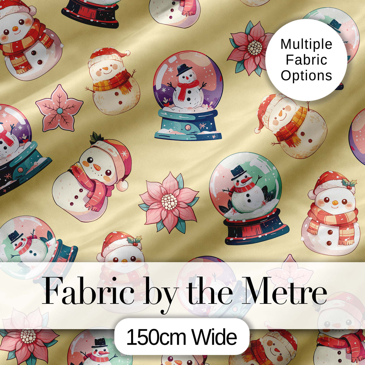 Cute Snowman Snow Globe Poinsettia Flower Christmas Pattern Yellow Background Digital Print Fabric by the Metre UK Sewing Quilting Textile