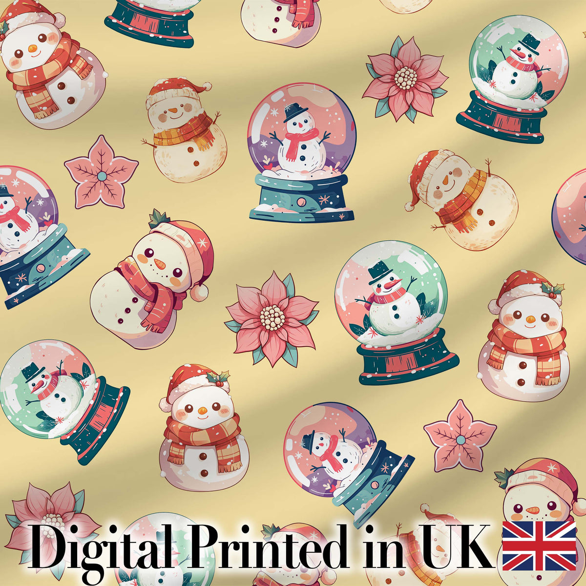 Cute Snowman Snow Globe Poinsettia Flower Christmas Pattern Yellow Background Digital Print Fabric by the Metre UK Sewing Quilting Textile