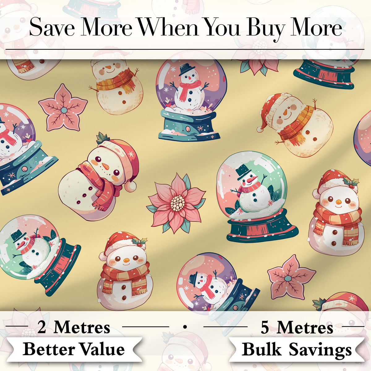 Cute Snowman Snow Globe Poinsettia Flower Christmas Pattern Yellow Background Digital Print Fabric by the Metre UK Sewing Quilting Textile