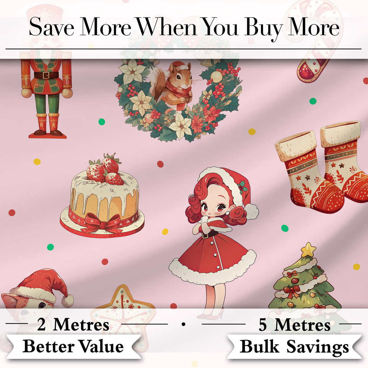 Christmas Nutcracker Squirrel Cake Candy Cane Girl Tree Light Pink Background Digital Print Fabric by the Metre UK Sewing Quilting Textile