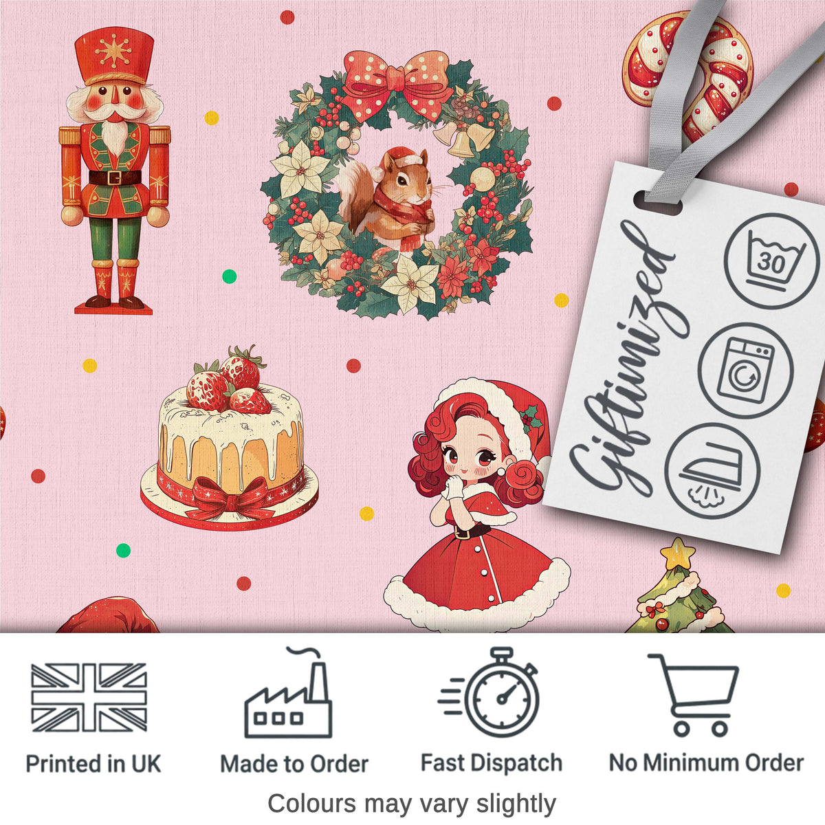 Christmas Nutcracker Squirrel Cake Candy Cane Girl Tree Light Pink Background Digital Print Fabric by the Metre UK Sewing Quilting Textile