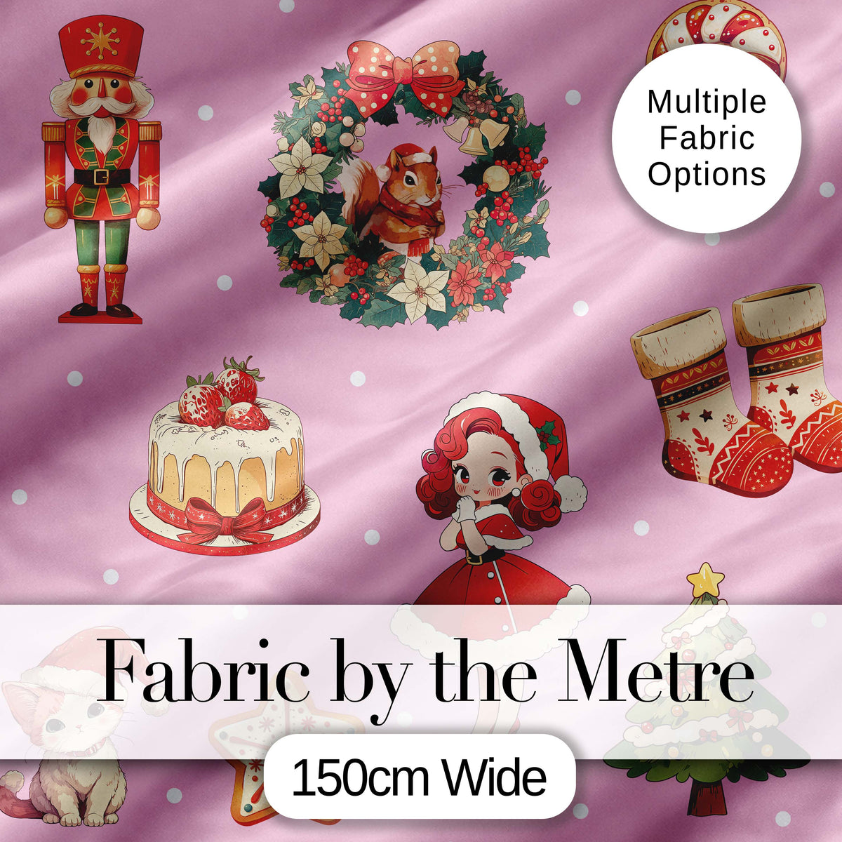 Cute Christmas Nutcracker Squirrel Cake Candy Cane Girl Tree Pink Background Digital Print Fabric by the Metre UK Sewing Quilting Textile