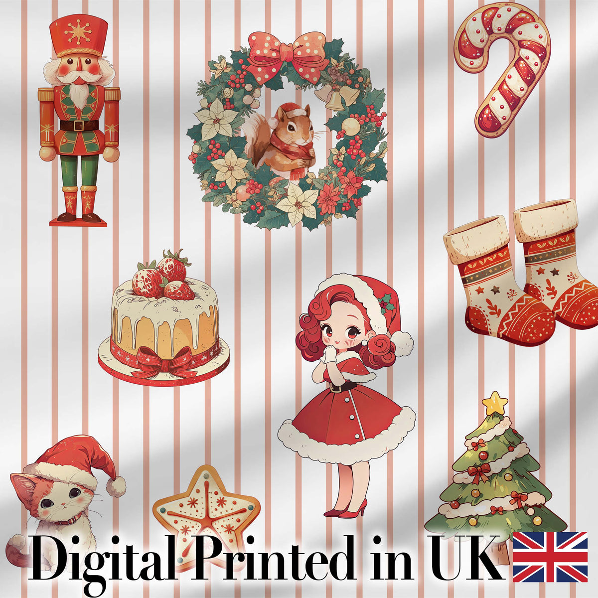 Christmas Nutcracker Squirrel Cake Candy Cane Girl Tree Beige Stripe Background Digital Print Fabric by the Metre UK Sewing Quilting Textile