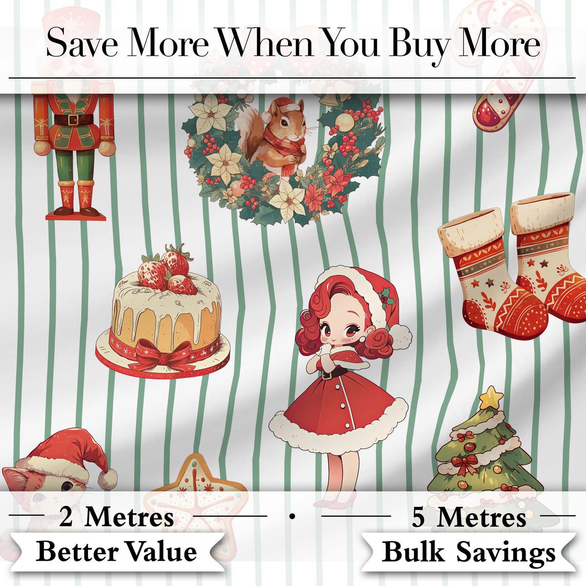 Christmas Nutcracker Squirrel Cake Candy Cane Girl Tree Green Stripe Background Digital Print Fabric by the Metre UK Sewing Quilting Textile