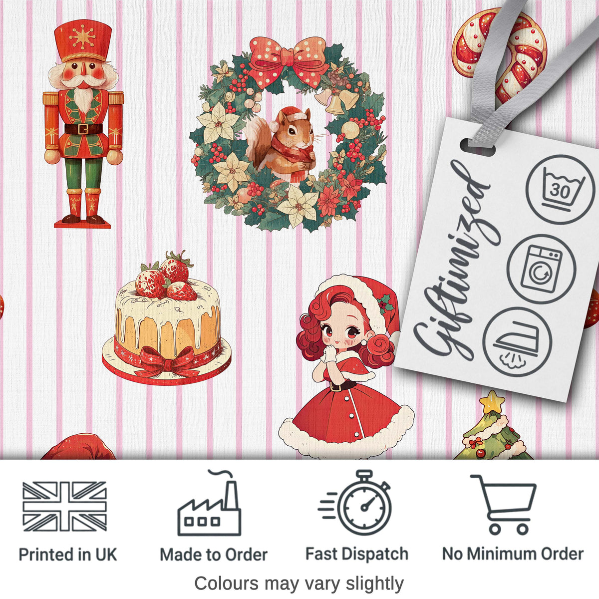 Christmas Nutcracker Squirrel Cake Candy Cane Girl Tree Pink Stripe Background Digital Print Fabric by the Metre UK Sewing Quilting Textile