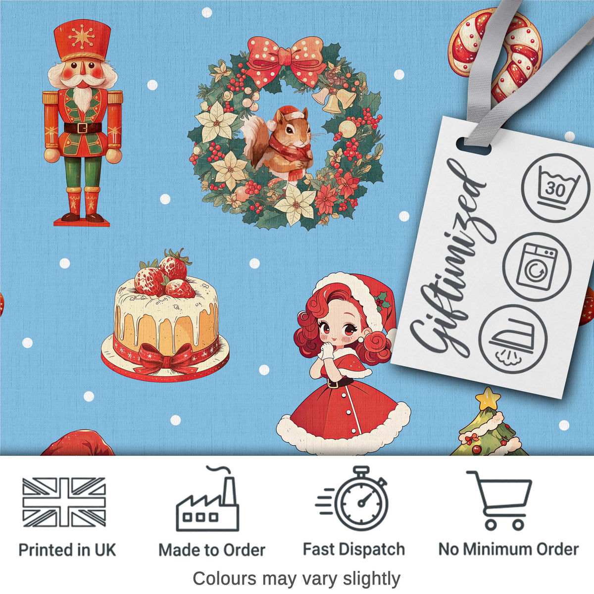 Christmas Nutcracker Squirrel Cake Candy Cane Girl Tree Blue Snow Background Digital Print Fabric by the Metre UK Sewing Quilting Textile