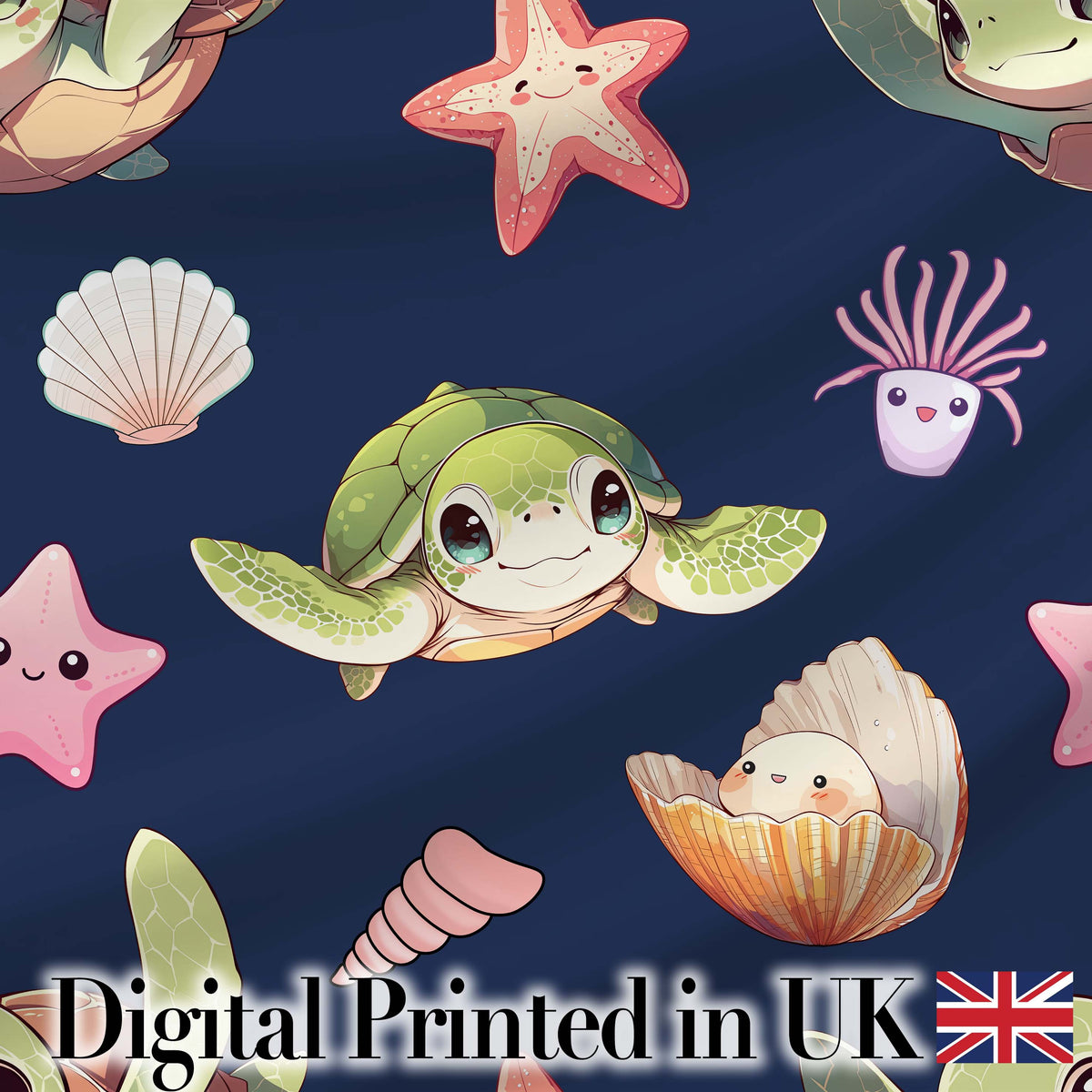 Cute Sea Turtle Starfish Shell Kawaii Ocean Seamless Pattern Navy Background Digital Print Fabric by the Metre UK Sewing Quilting Textile
