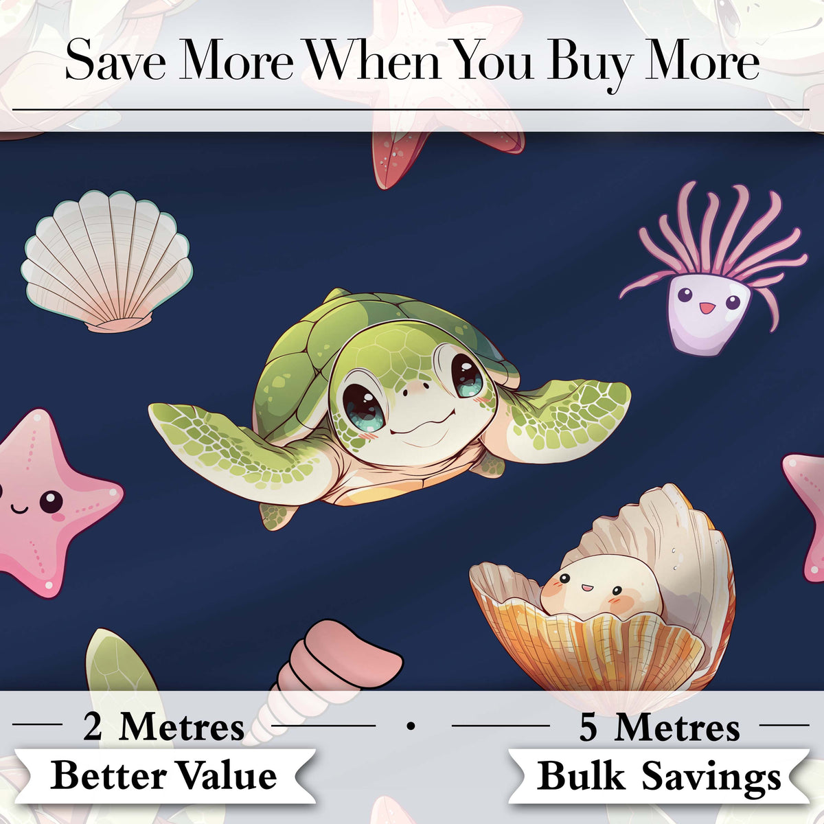 Cute Sea Turtle Starfish Shell Kawaii Ocean Seamless Pattern Navy Background Digital Print Fabric by the Metre UK Sewing Quilting Textile