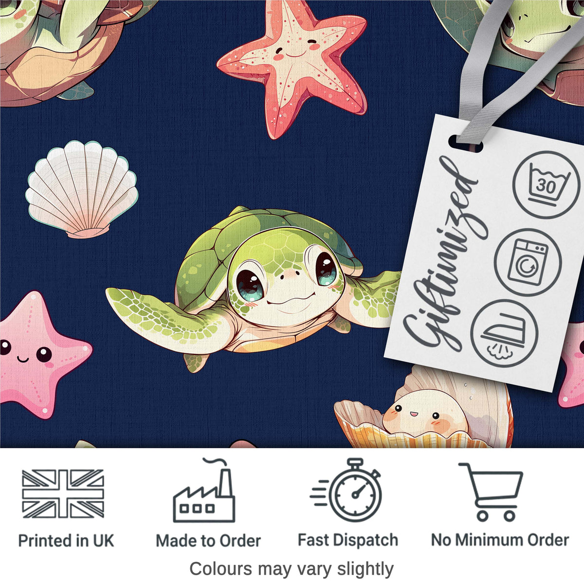 Cute Sea Turtle Starfish Shell Kawaii Ocean Seamless Pattern Navy Background Digital Print Fabric by the Metre UK Sewing Quilting Textile