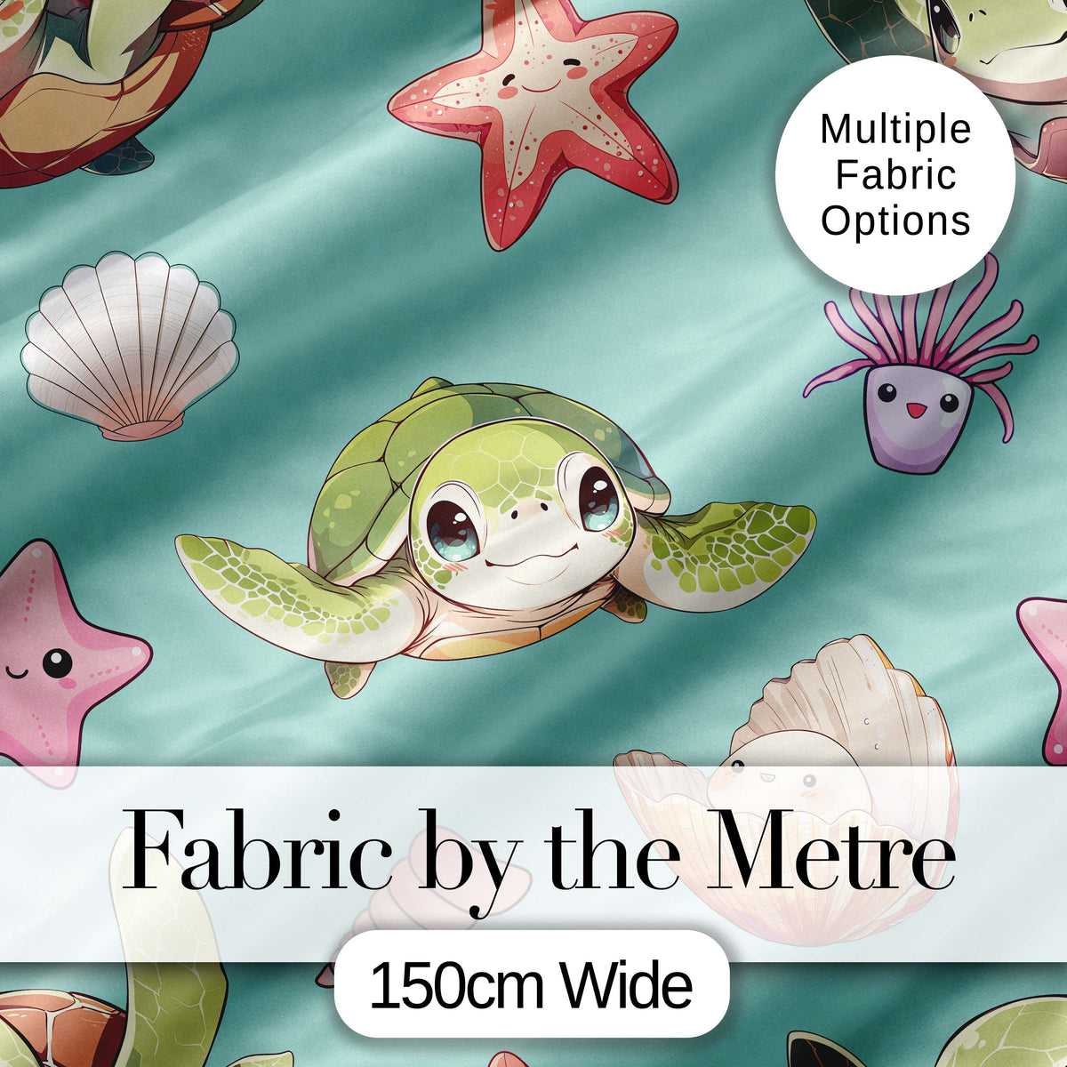 Cute Sea Turtle Starfish Shell Kawaii Ocean Seamless Pattern Teal Background Digital Print Fabric by the Metre UK Sewing Quilting Textile