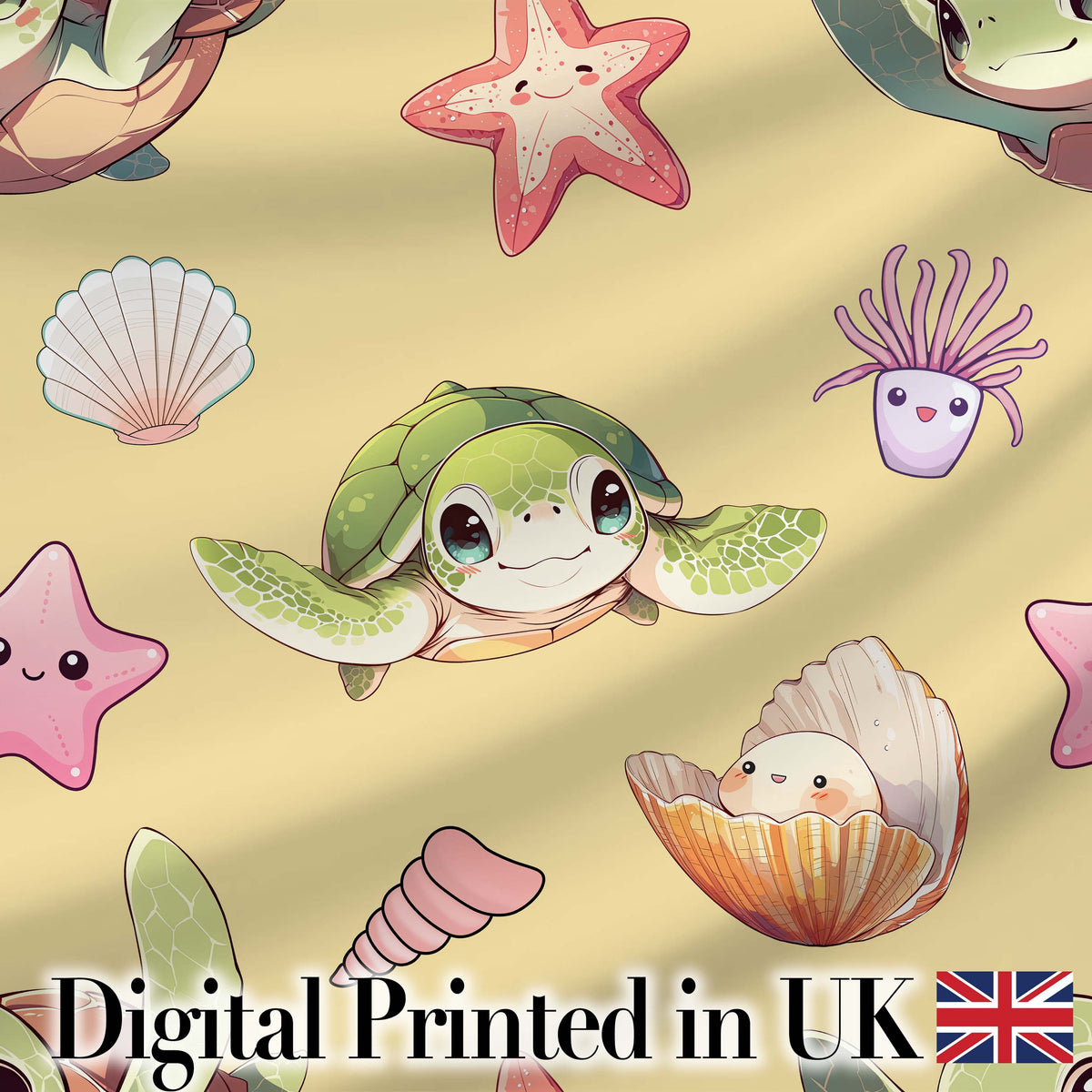 Cute Sea Turtle Starfish Shell Kawaii Ocean Seamless Pattern Yellow Background Digital Print Fabric by the Metre UK Sewing Quilting Textile