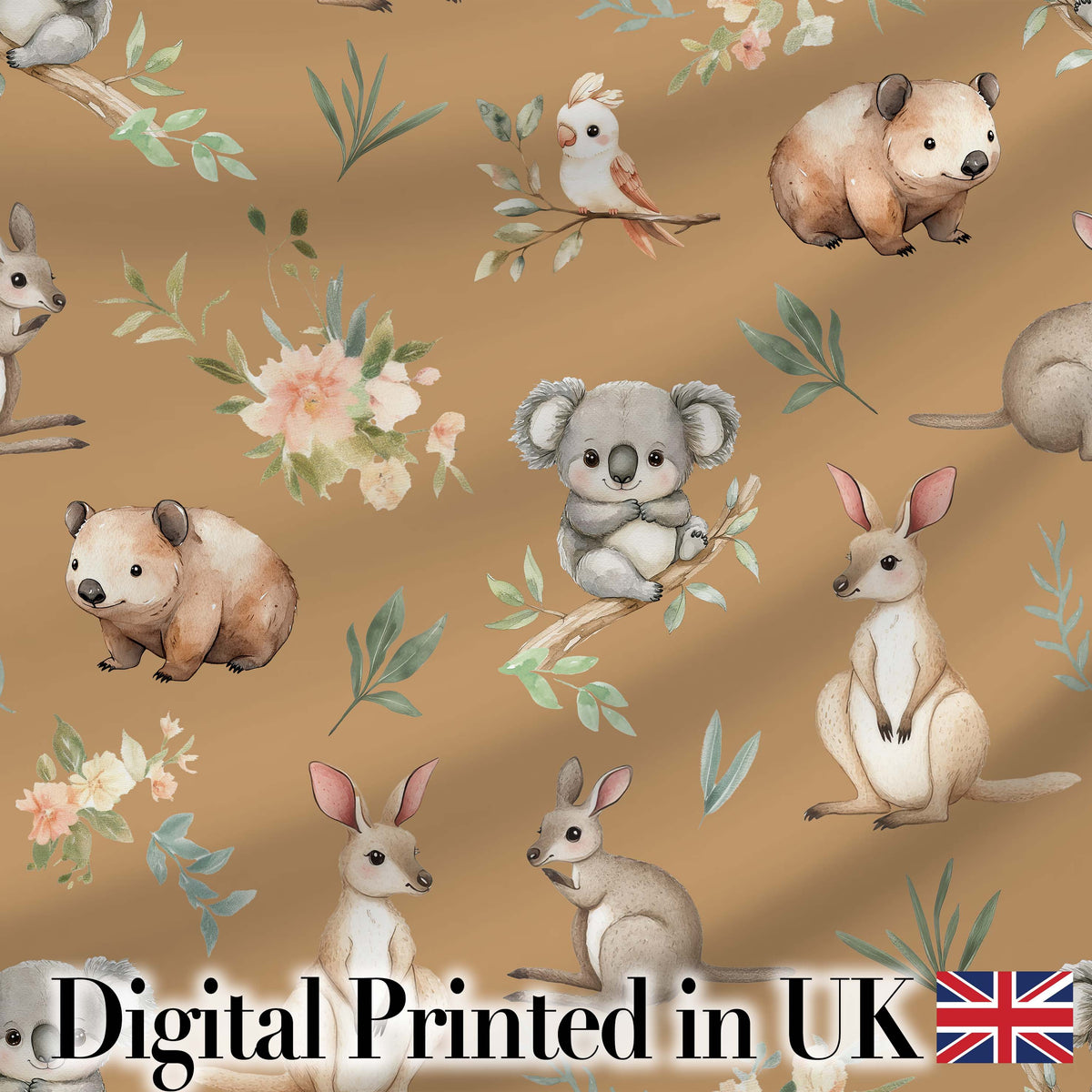 Cute Woodland Animals Koala Kangaroo Bear Floral Pattern Brown Background Digital Print Fabric by the Metre UK Sewing Quilting Textile